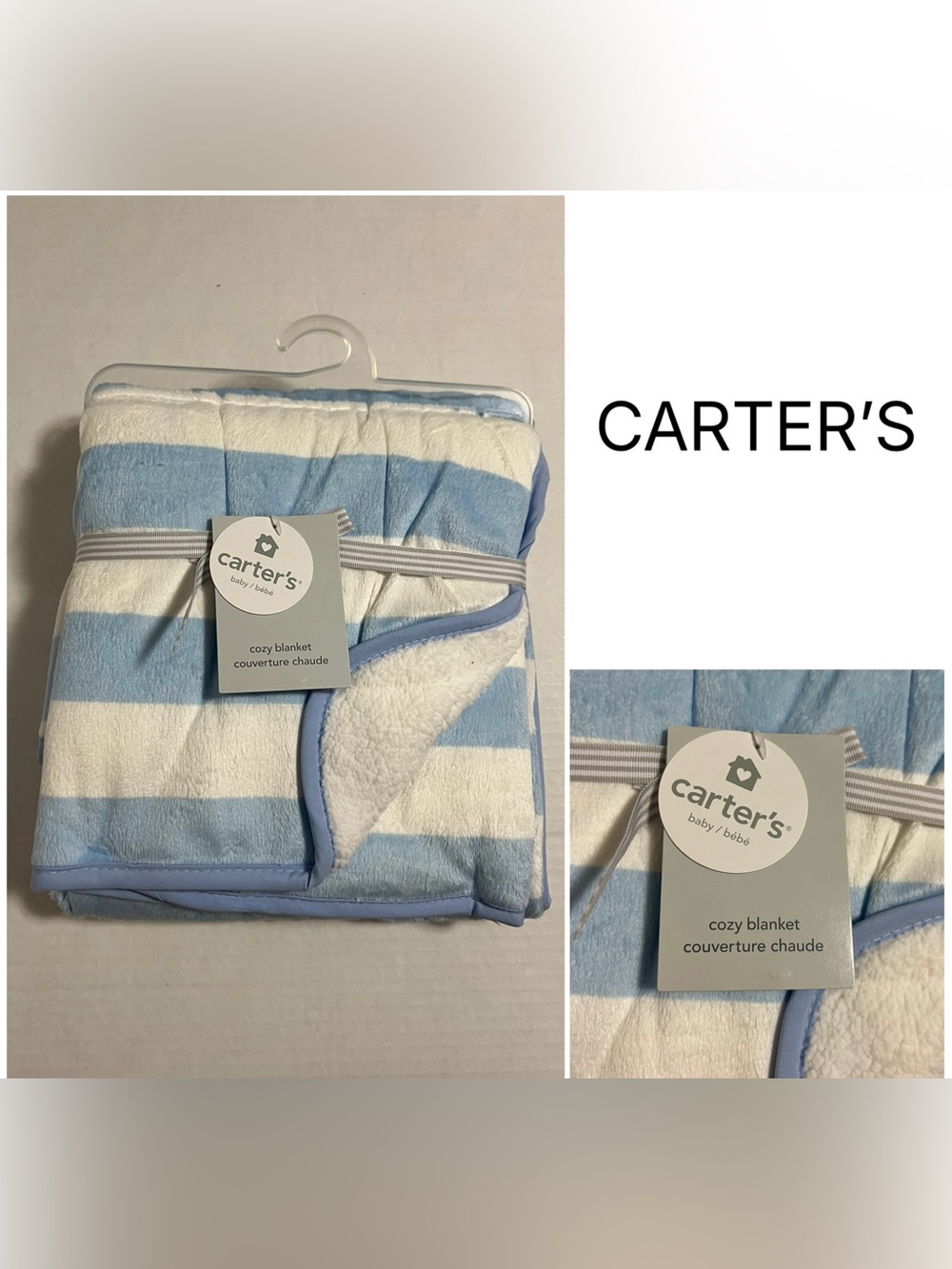 CARTER’S - NWT - 40”X30” - INFANT BOYS BLUE WHITE STRIPE COZY SHERPA BLANKET